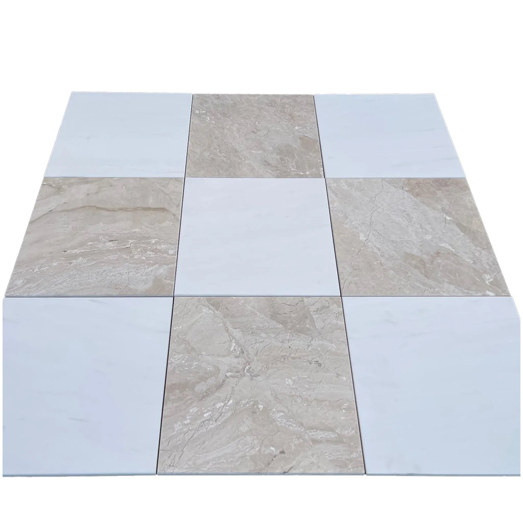 Alternating pattern of square tiles in Checkerboard Emperador Dark Marble and Crema Marfil set