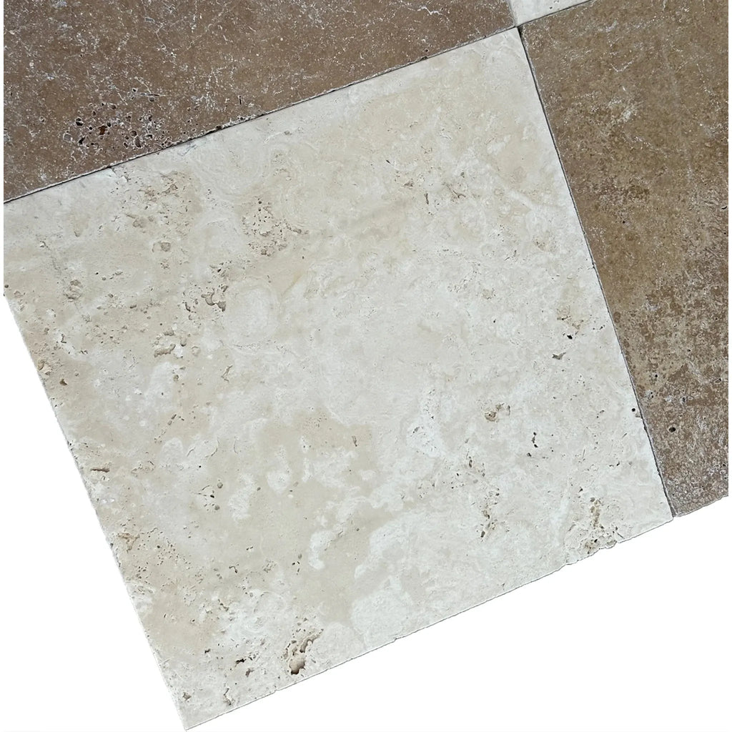 Travertine floor tiles from the Checkerboard Emperador Dark Marble and Crema Marfil Tumbled set