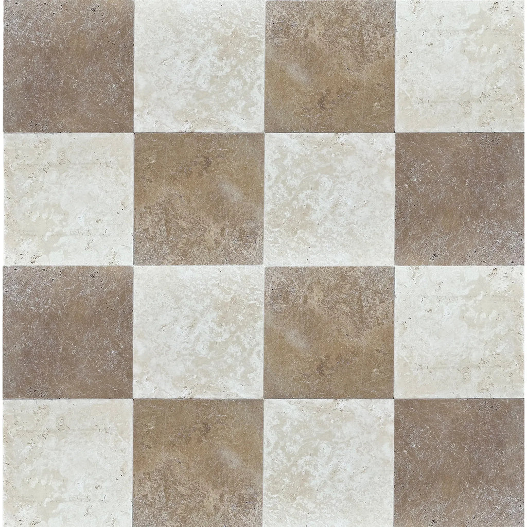 Checkerboard pattern of Emperador Dark Marble and Crema Marfil tiles in 6X6 set