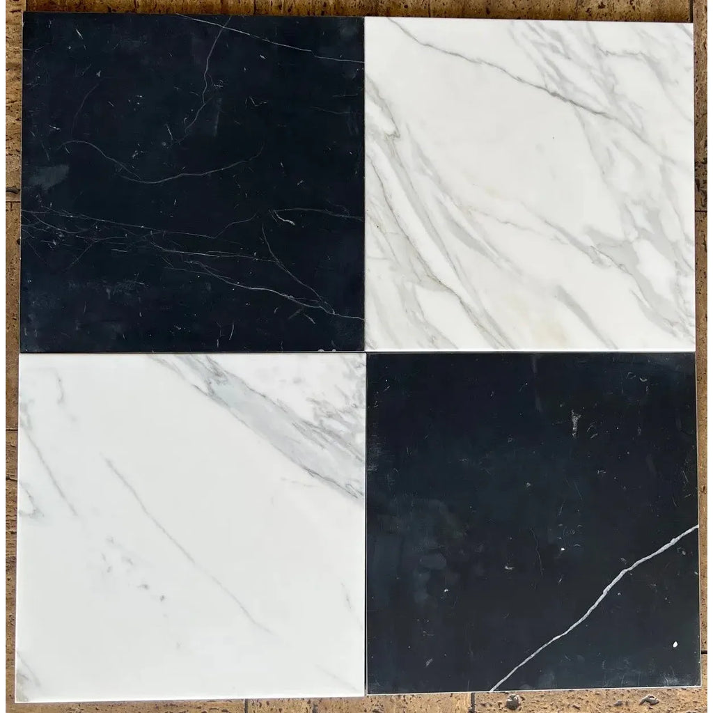 Four marble tiles in a checkerboard pattern from Checkerboard Emperador Dark Marble Set