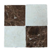 Square marble tile arrangement of Checkerboard Emperador Dark Marble and Crema Marfil Tumbled