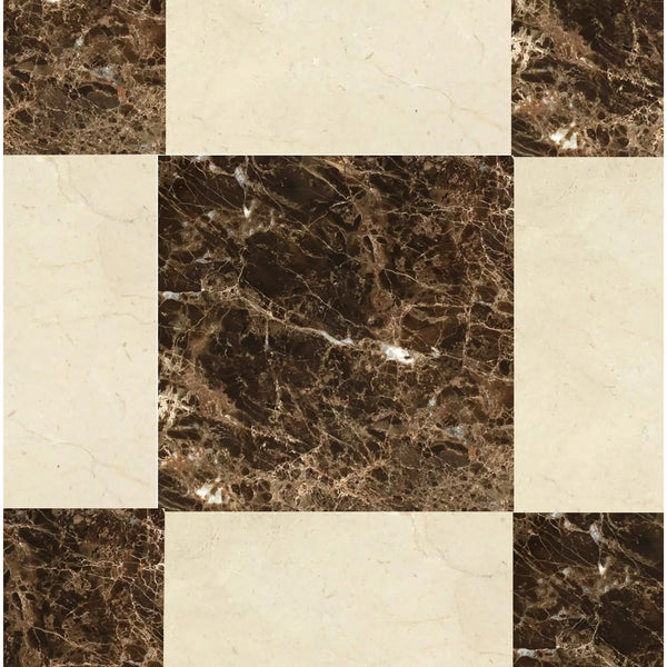 Checkerboard Emperador Dark Marble and Crema Marfil Marble 18X18 tile pattern