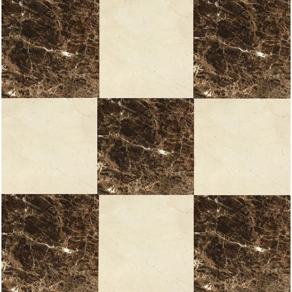 Checkerboard marble tile pattern featuring Emperador Dark and Crema Marfil 18X18 set