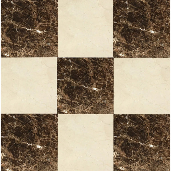 Checkerboard marble tile pattern featuring Emperador Dark and Crema Marfil 18X18 set