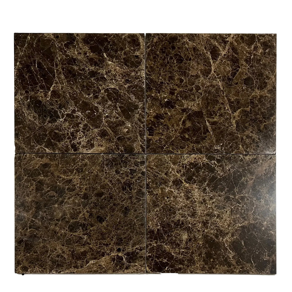 Four brown marble tiles from Checkerboard Emperador Dark and Diano Royal 12X12 Set