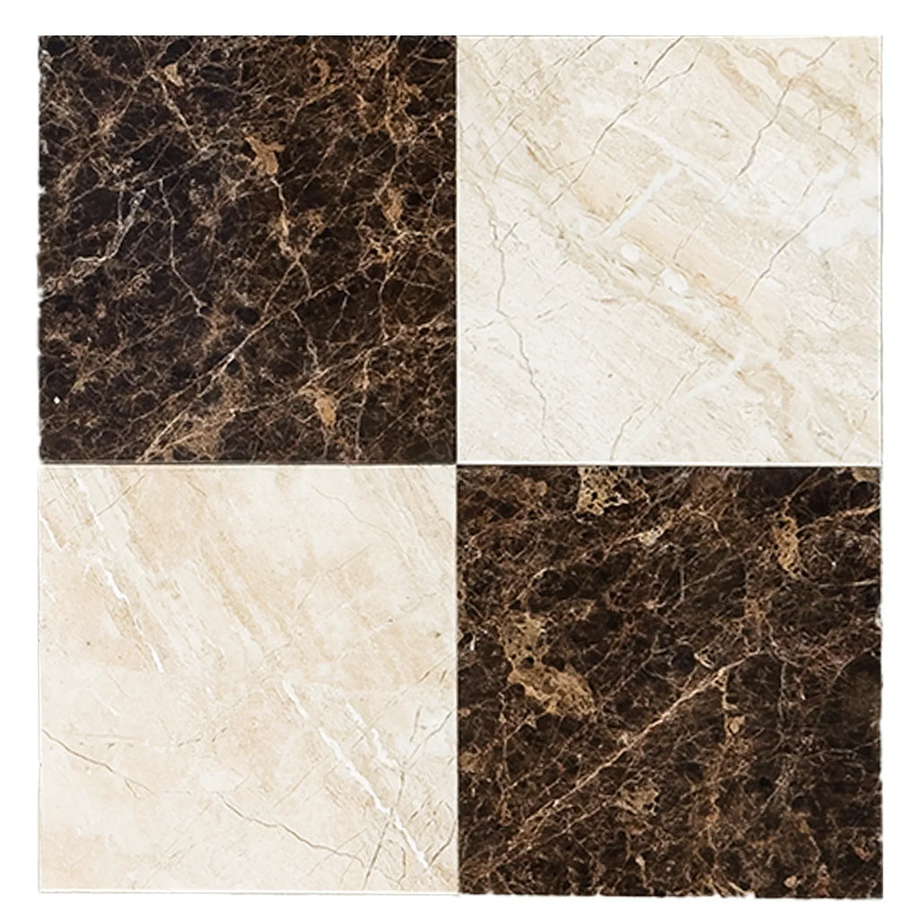 Four-tile marble pattern showcasing Checkerboard Emperador Dark and Diano Royal Marble Set