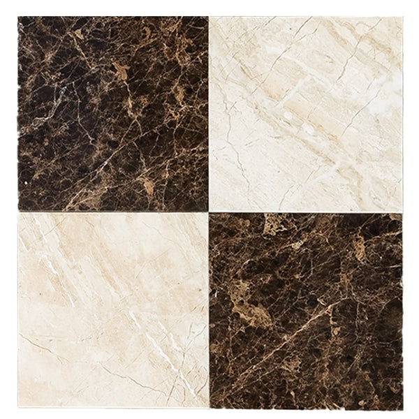 Four-square marble tile pattern in Checkerboard Emperador Dark and Diano Royal set