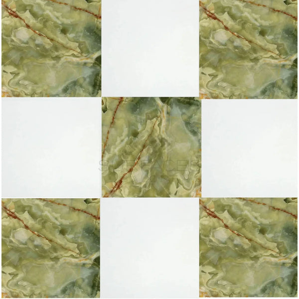 Nine-tile pattern of Checkerboard Green Onyx Marble and Thassos Marble 12X12 Set