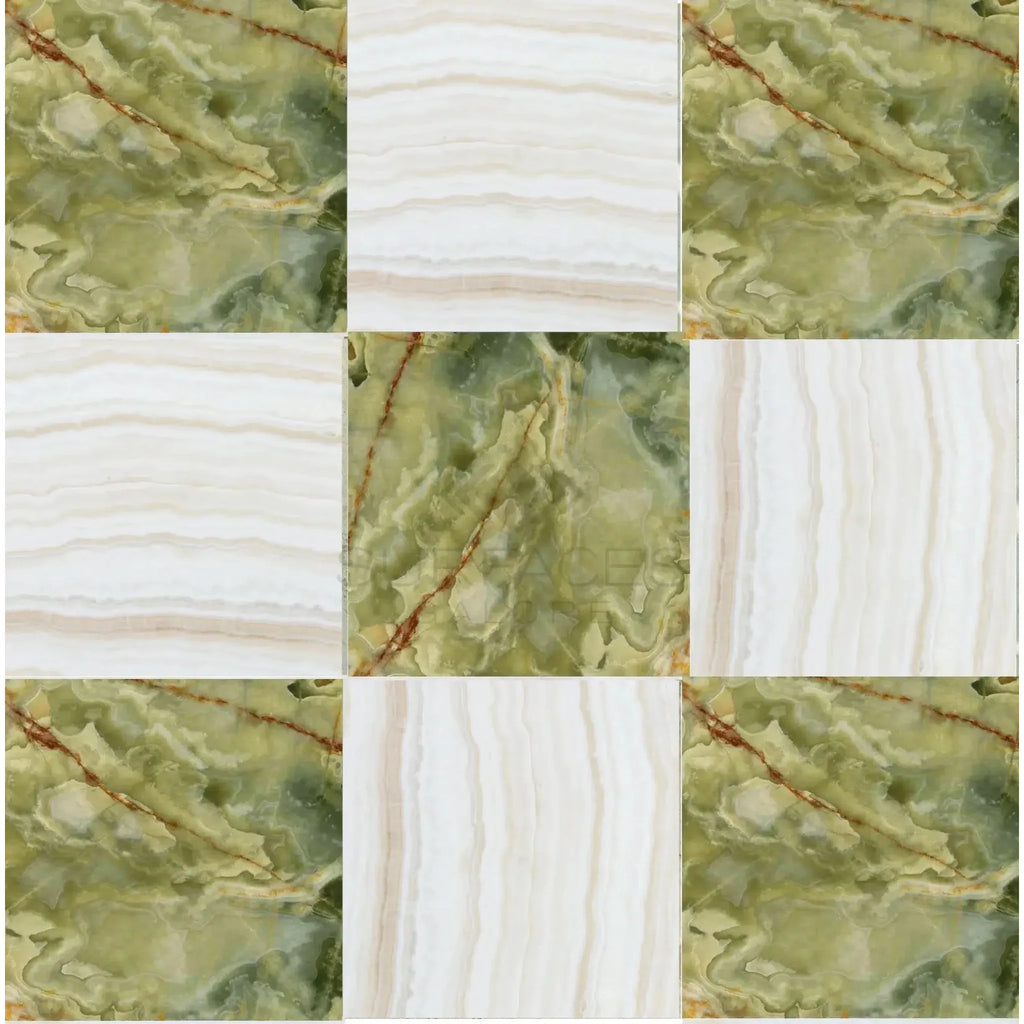 Nine-square marble tile pattern of Checkerboard Green Onyx and White Onyx 12x12 set