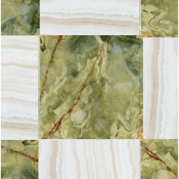 Polished Green and White Onyx marble tiles in Checkerboard pattern, 12X12 set