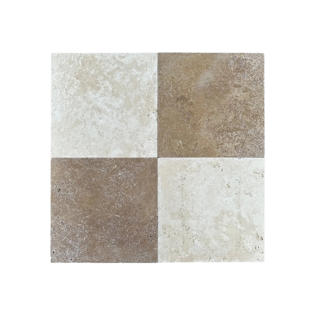 Four square travertine tiles in Checkerboard Ivory and Noce Tumbled 12X12 Set