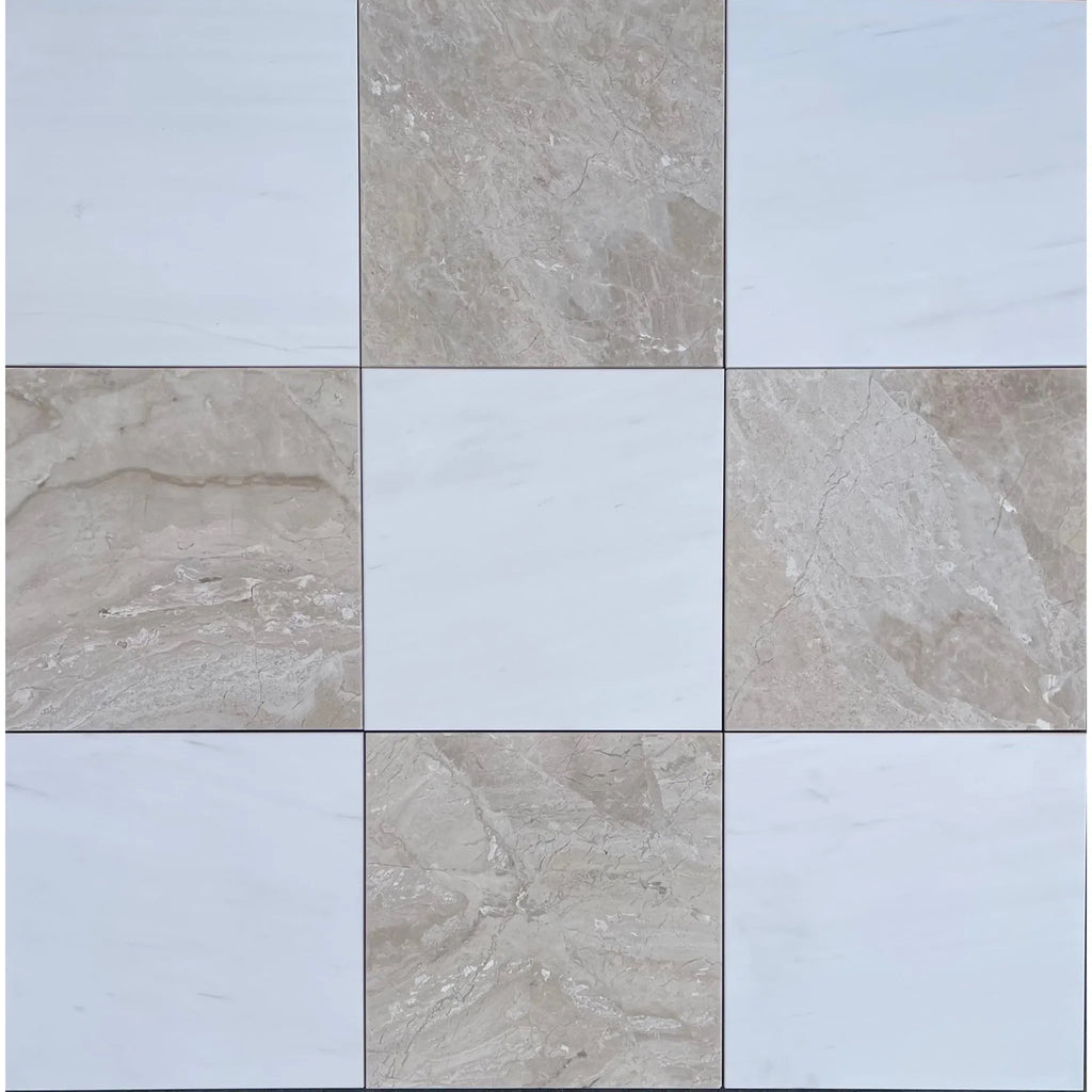 Nine square tiles in a checkerboard pattern of Ivory and Noce Travertine