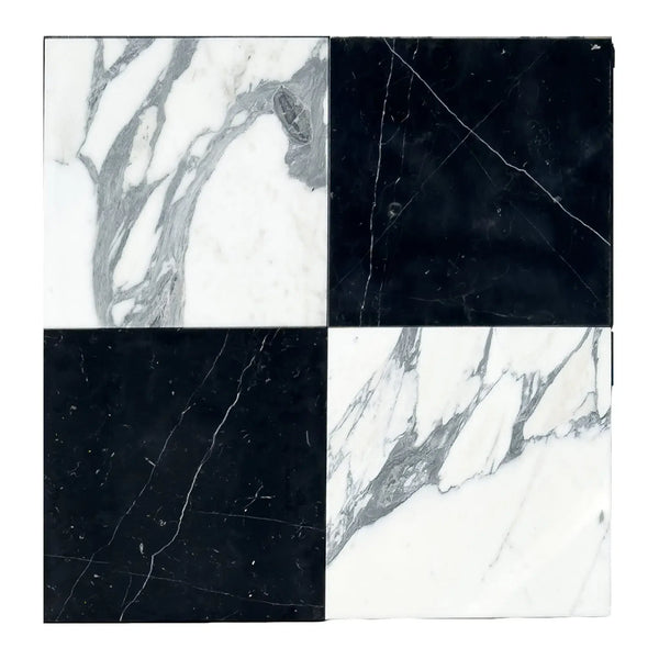 Black and white marble tiles in Checkerboard Nero Marquina and Arabescato Corchia Set