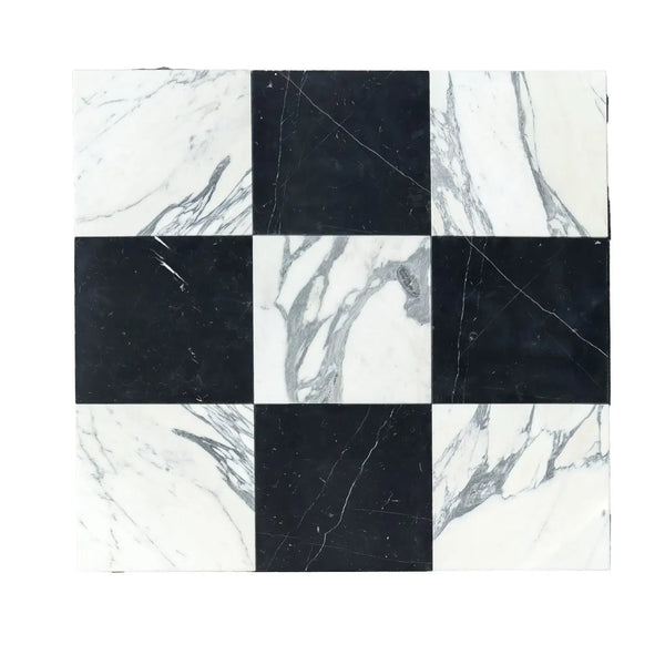 Checkerboard Nero Marquina and Arabescato Corchia Marble 12X12 Set in black and white