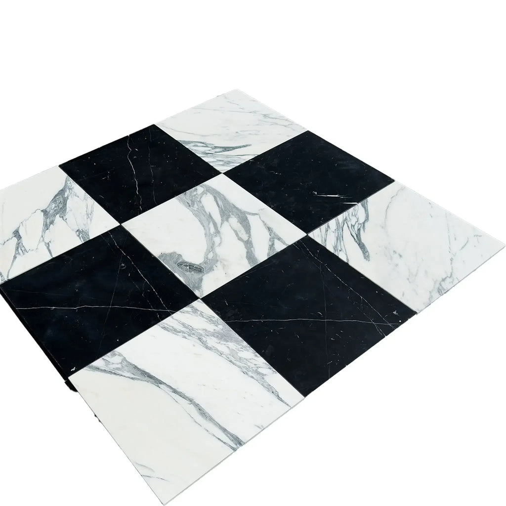 Checkerboard Marble Tile Pattern in Checkerboard Nero Marquina and Arabescato Corchia Set