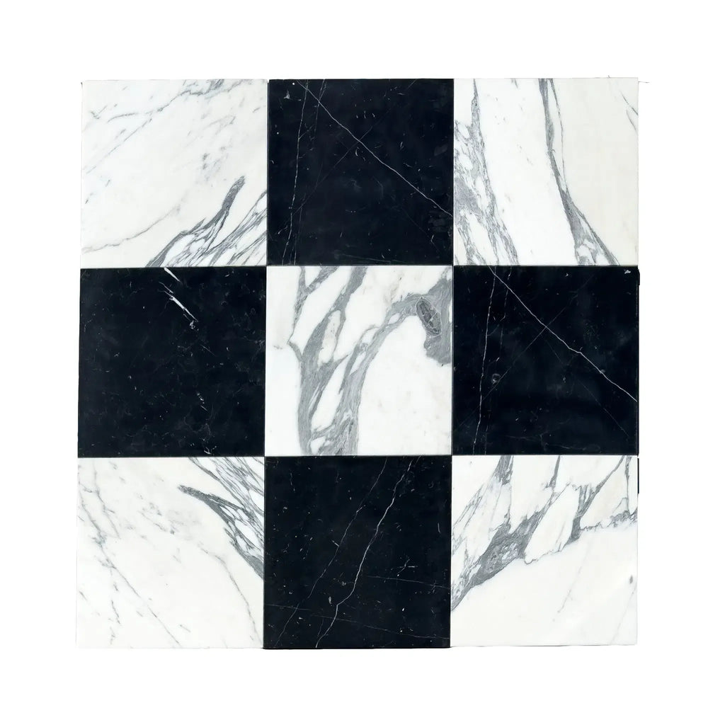 Black and white marble checkerboard tile from Checkerboard Nero Marquina and Arabescato Corchia set