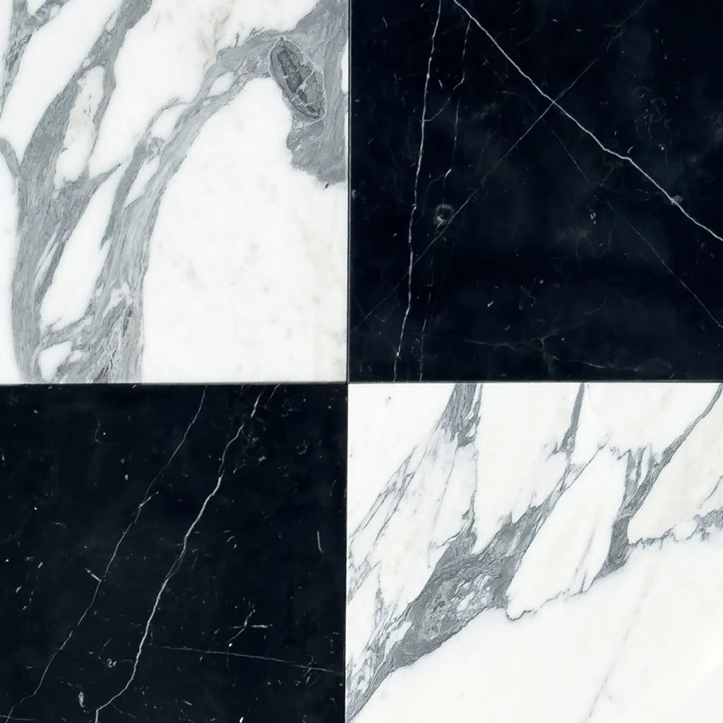 Black and white marble tiles in Checkerboard Nero Marquina and Arabescato Corchia set