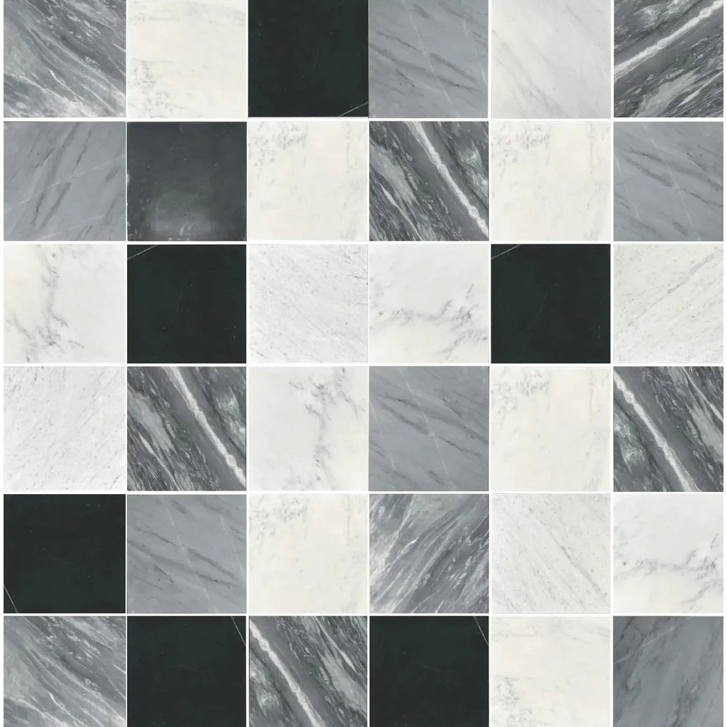 Checkerboard pattern of Nero Marquina and Arabescato Corchia Marble tiles 18X18 Set