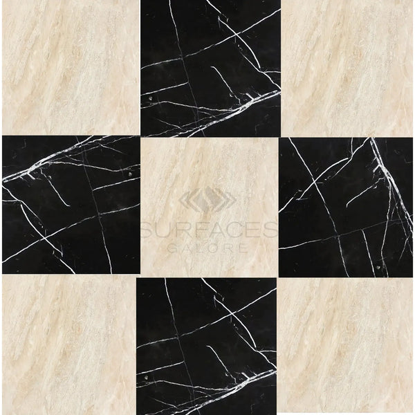 Checkerboard tile pattern of Checkerboard Nero Marquina Marble and Diano Royal Marble set