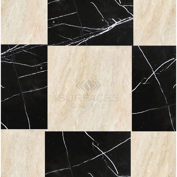 Alternating black and beige marble tiles in Checkerboard Nero Marquina Marble set