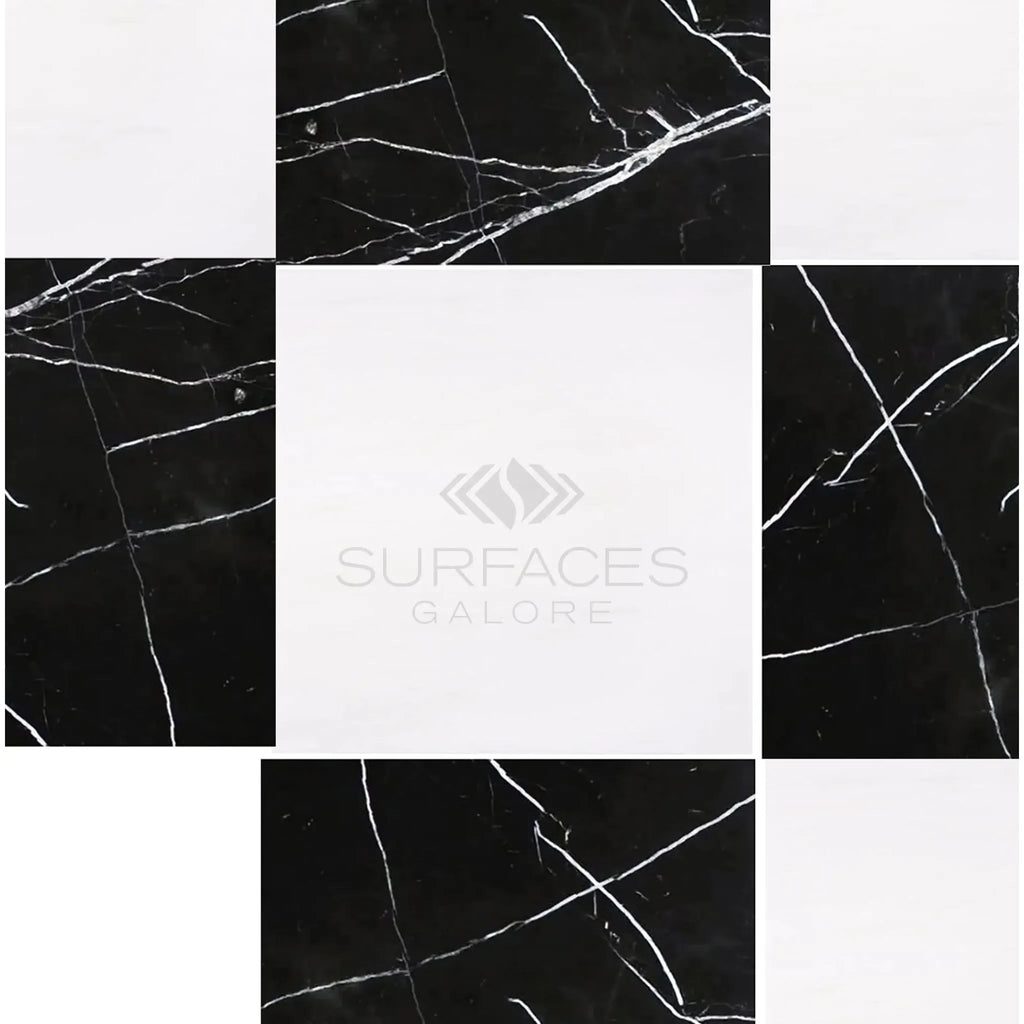 Black and white Checkerboard Nero Marquina and Dolomite Marble tile arrangement