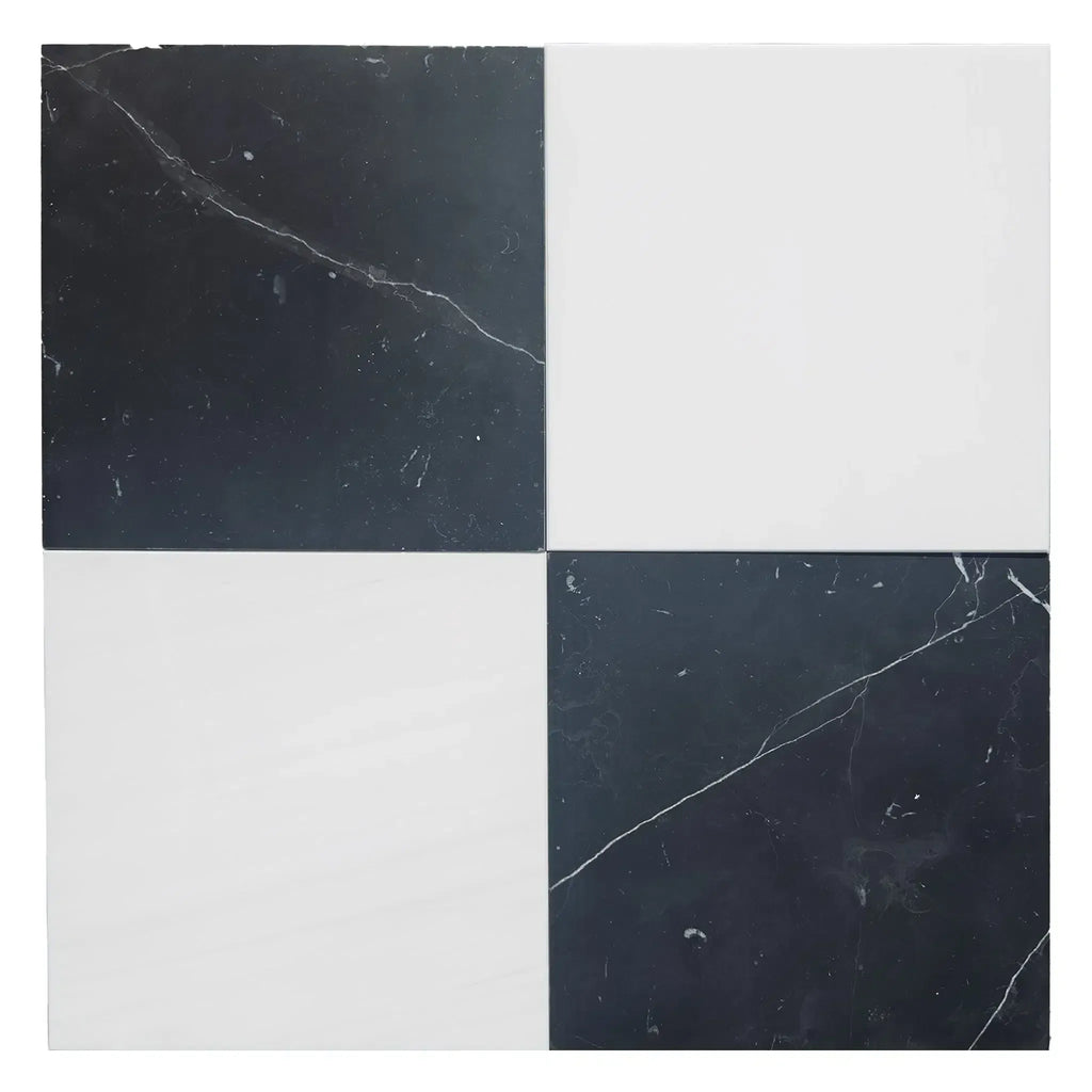 Black and white checkered tile from Checkerboard Nero Marquina Marble 18X18 Set