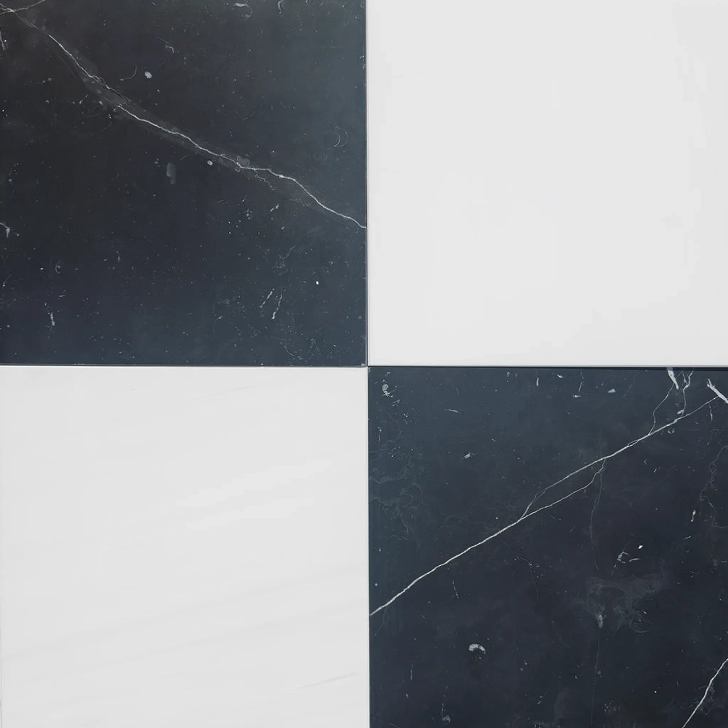 Black and white checkered tile from the Checkerboard Nero Marquina Marble and Dolomite set