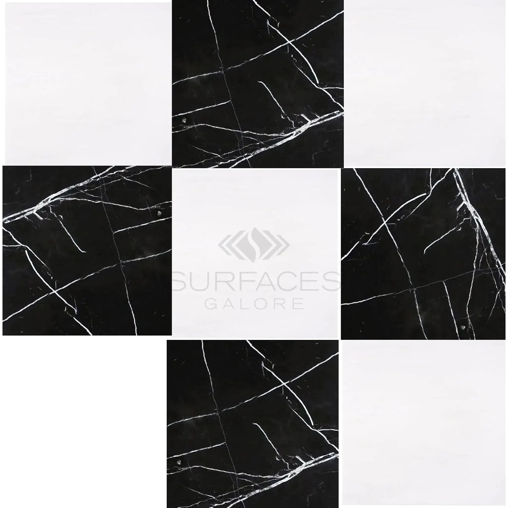 Checkerboard tile pattern of Checkerboard Nero Marquina Marble and Dolomite Marble 18X18 Set