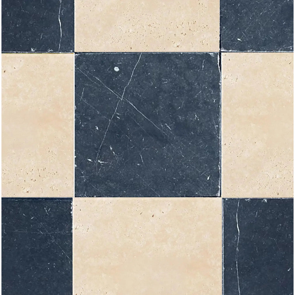 Checkerboard tile pattern featuring Nero Marquina Marble and Ivory Travertine mix