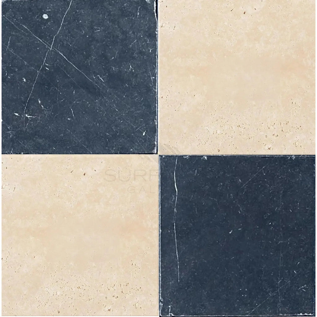 Checkerboard tile pattern in Checkerboard Nero Marquina Marble and Ivory Travertine set