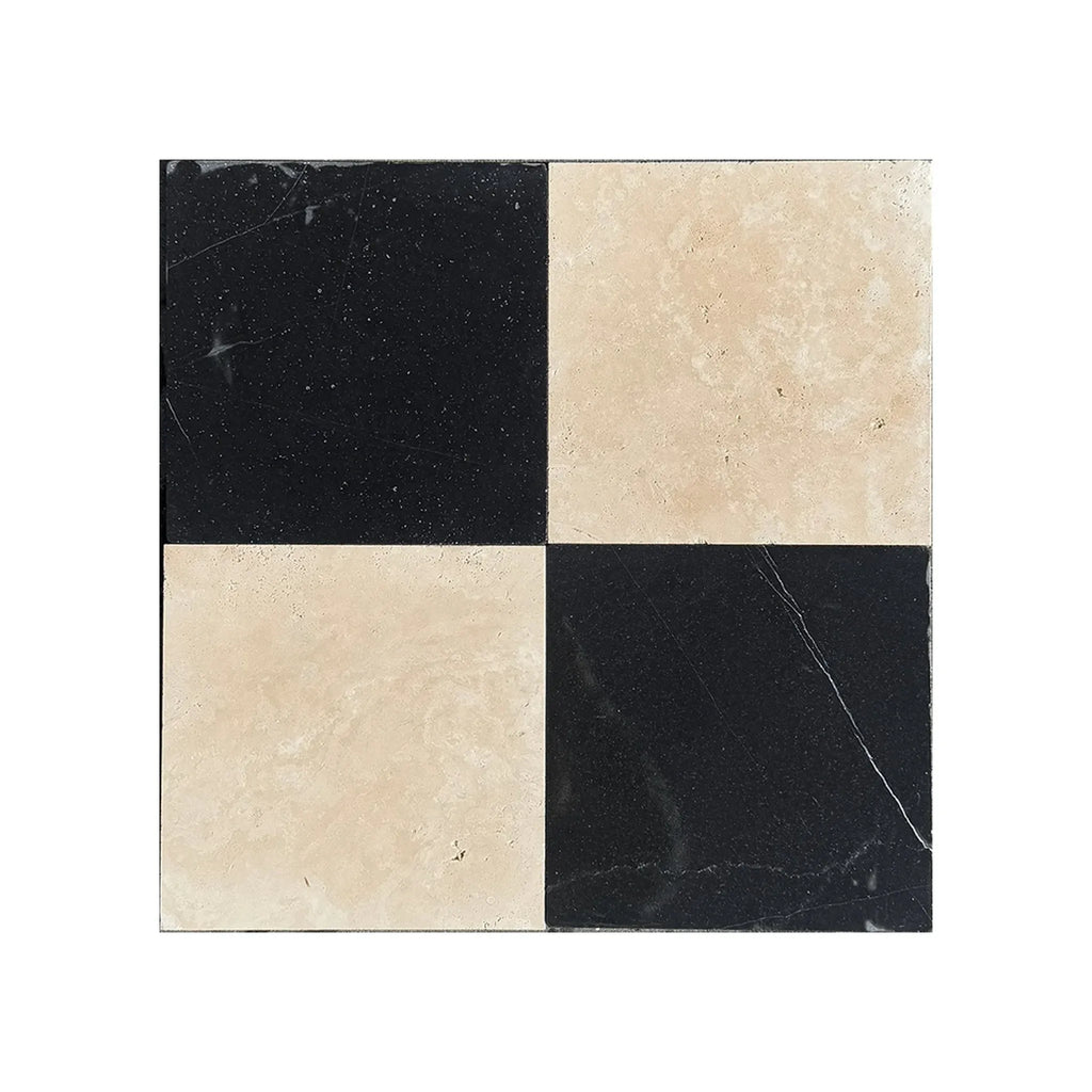 Checkerboard tile pattern of Checkerboard Nero Marquina Marble and Ivory Travertine