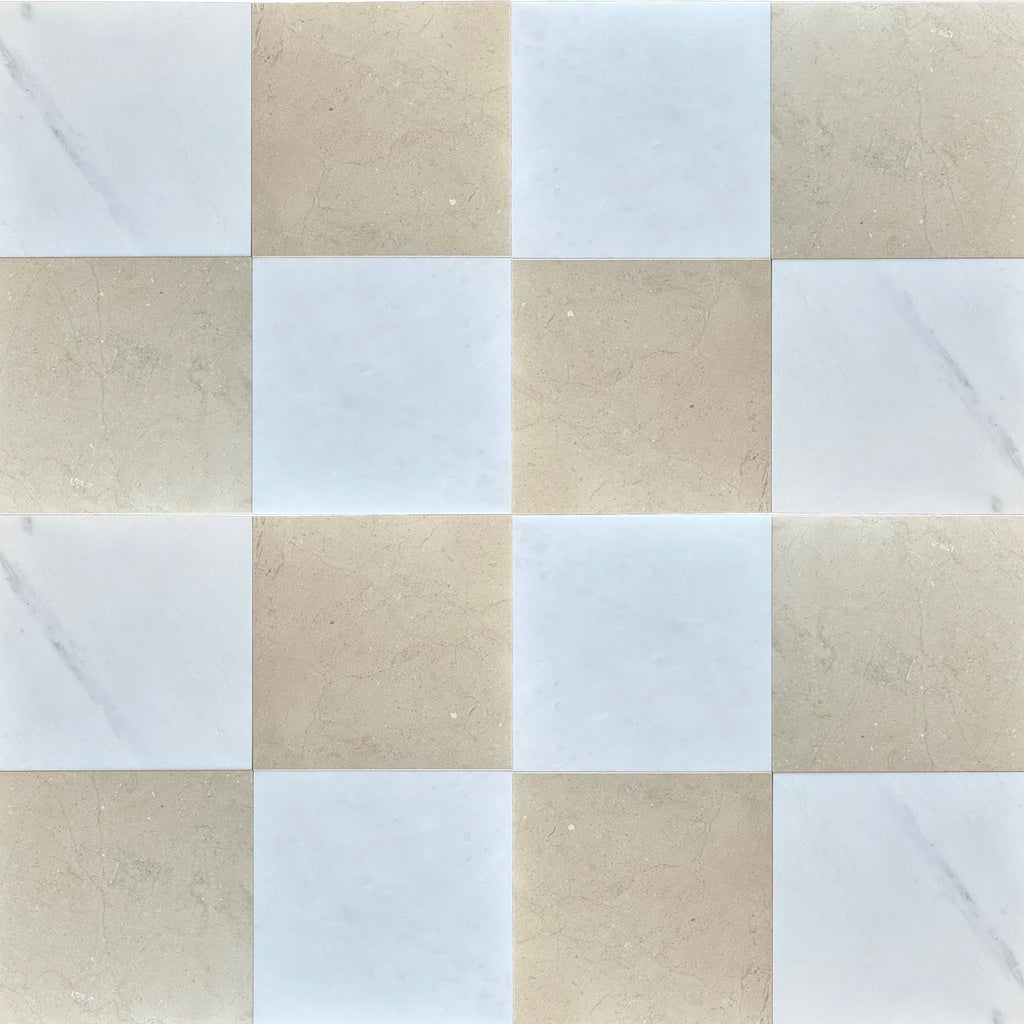 Checkerboard pattern of square tiles in Checkerboard Oriental White and Crema Marfil set