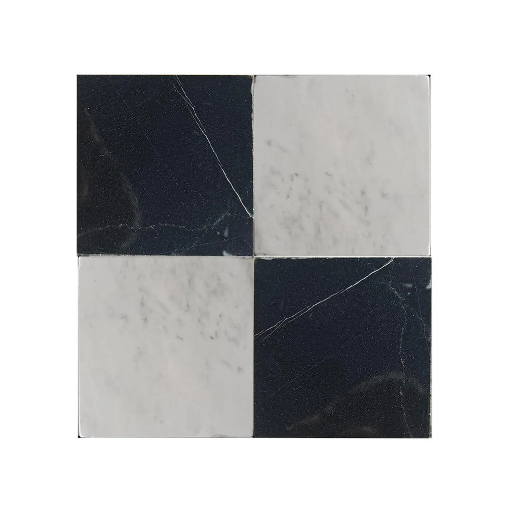 Black and white checkered tile from Checkerboard Oriental White Marble and Nero Marquina Marble set