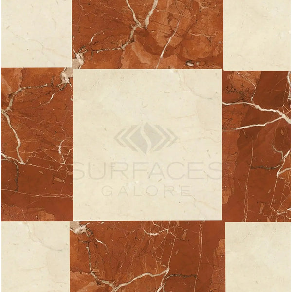 Checkerboard Rojo Alicante and Crema Marfil Marble 12X12 tile pattern display