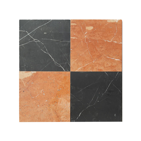 Checkerboard Rojo Alicante and Nero Marquina 12x12 marble tile set for elegant decor