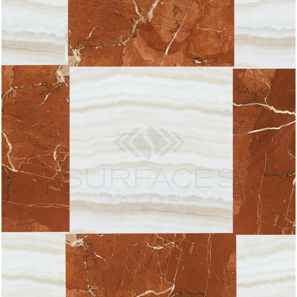 Checkerboard Rojo Alicante Marble and White Onyx 12X12 tile pattern design