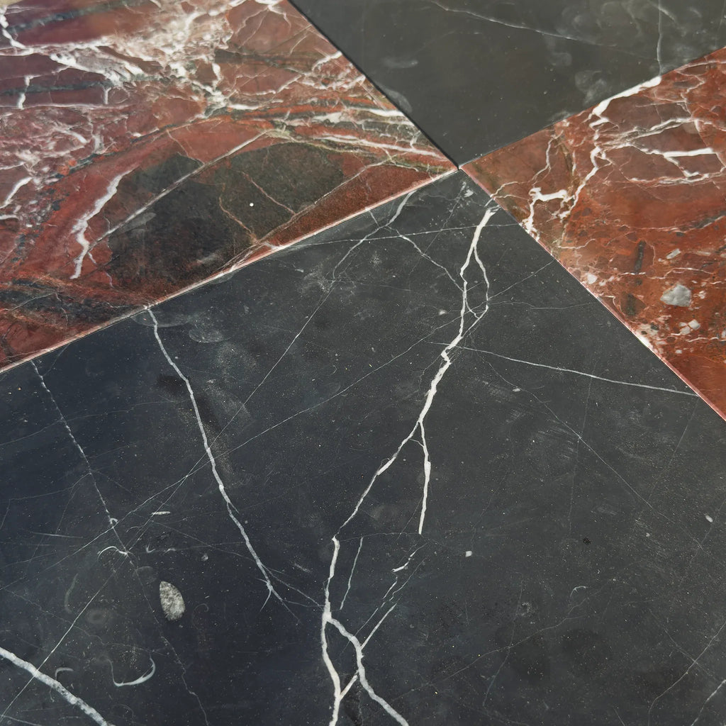 Polished marble tiles with elegant veining in Checkerboard Rosso Levanto and Nero Marquina set