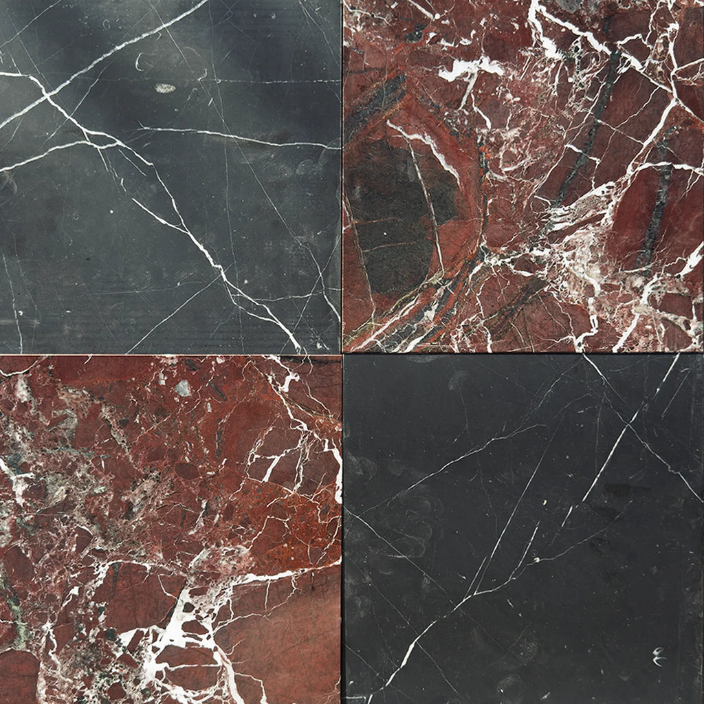 Four marble tiles from the Checkerboard Rosso Levanto and Nero Marquina 12X12 Set