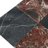 Polished marble tile arrangement of Checkerboard Rosso Levanto and Nero Marquina 12X12 Set