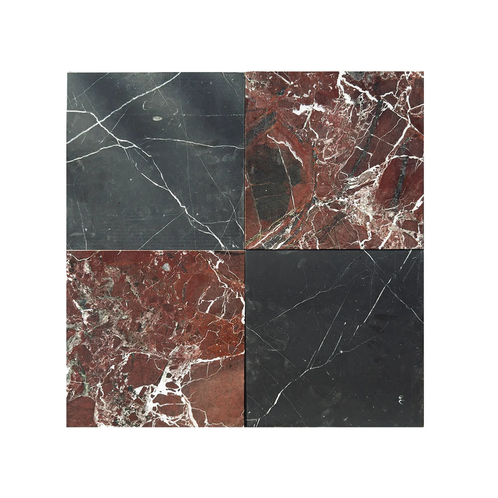 Checkerboard Rosso Levanto and Nero Marquina 12X12 Set featuring four unique marble tiles