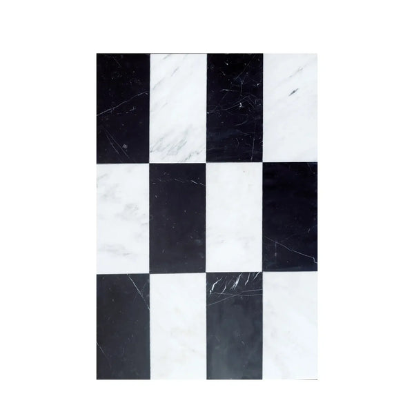 Black and white checkered tile pattern in Como in Oriental White and Nero Marquina set