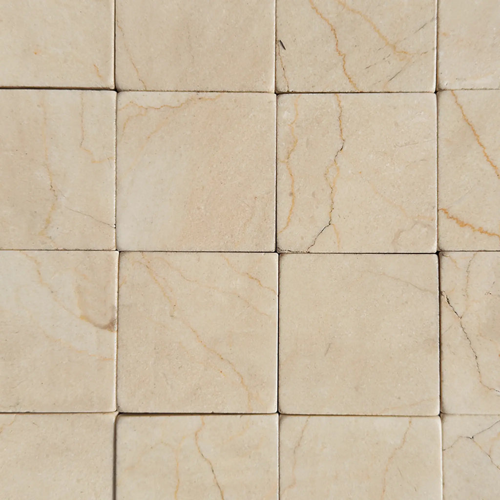 Beige marble tile pattern of Crema Marfil 3X3 Tumbled suitable for elegant interiors