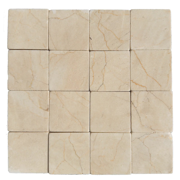 Square Crema Marfil 3X3 Tumbled marble tiles showcased in elegant arrangement