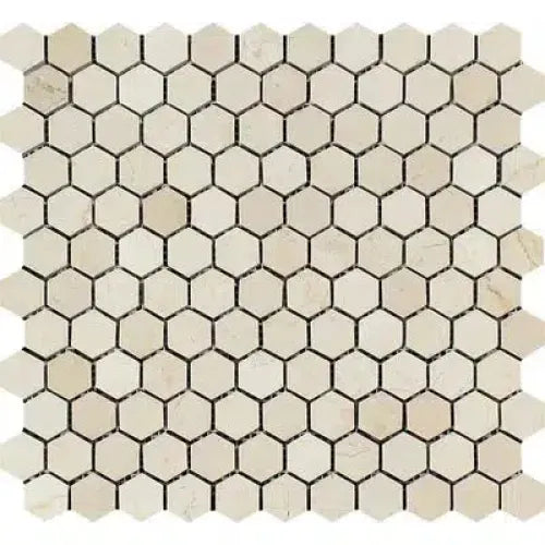 Beige hexagon tile mosaic of Crema Marfil Marble, polished or honed finish