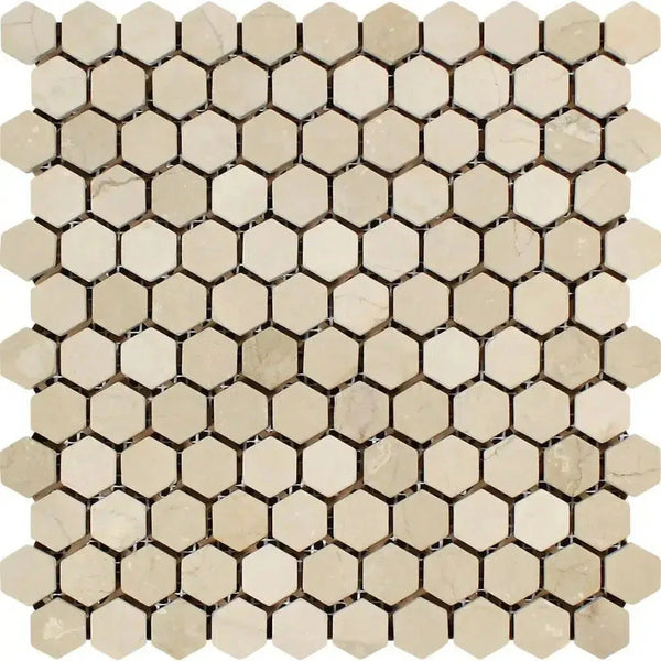 Beige hexagon mosaic tile sheet for Crema Marfil Marble 1 inch Tumbled Mosaic