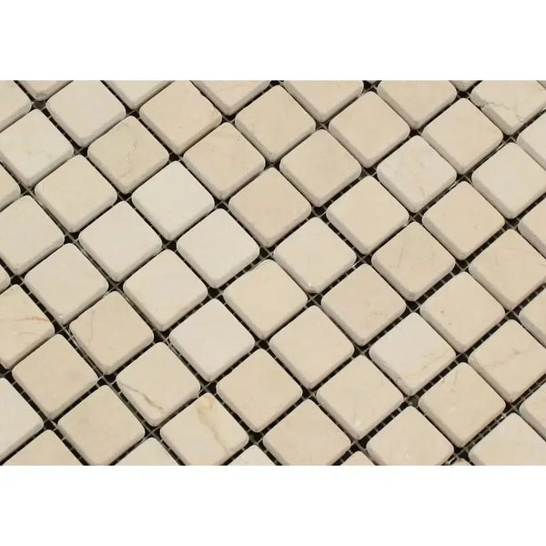 Beige square mosaic tiles from Crema Marfil Marble 1X1 Mosaic Tumbled collection