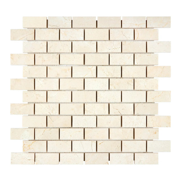 Beige brick mosaic tile in Crema Marfil Marble 1X2 Polished or Honed finish