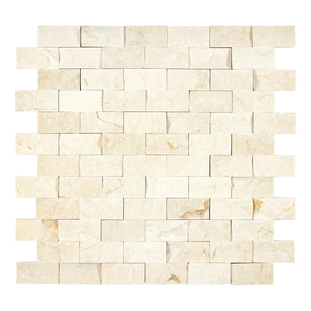 Beige brick mosaic tile design in Crema Marfil Marble 1X2 Brick Mosaic Split-Faced