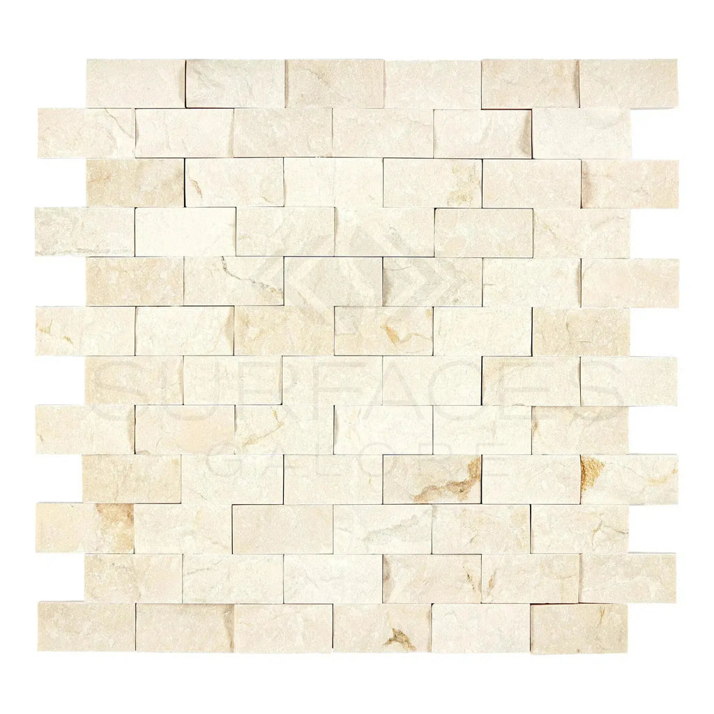 Beige stone brick mosaic of Crema Marfil Marble in a split-faced design