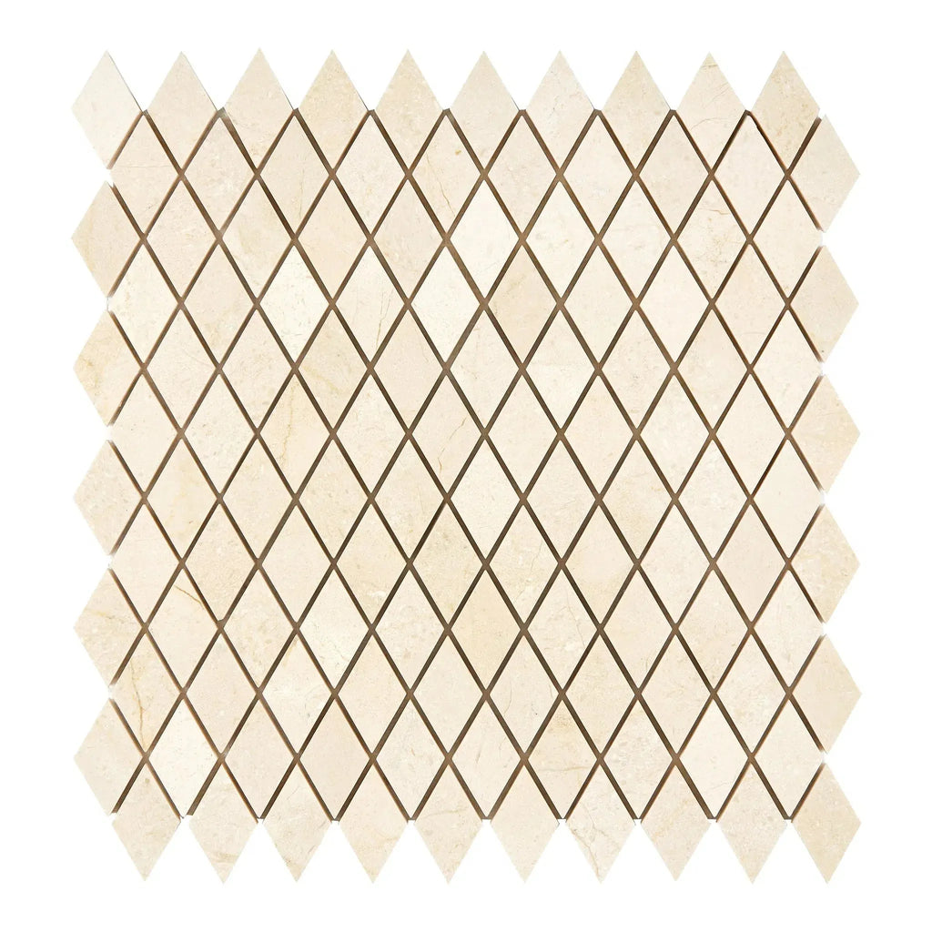 Diamond-patterned beige mosaic tile sheet from Crema Marfil Marble collection